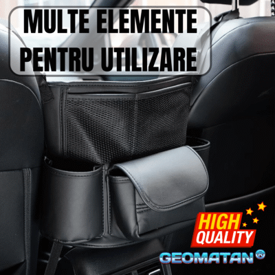 Organizator auto multifunctional GEOMATAN®, din Piele, 6 compartimente depozitare, montare intre scaune, suport pentru bauturi, buzunar servetele, compartiment geanta, compatibil cu orice masina, instalare usoara, previne pierderea obiectelor, negru