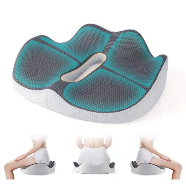 Perna ortopedica sezut GEOMATAN®, cu suport complet, pana la 100 kg, din spuma cu memorie Premim, pentru scaun birou / masina, confort Coccis, Husa respirabila si antialunecare, zona Lombara, Sciatica, Dureri de sold, Hemoroizi, 42x36x7/11cm, Gri deschis