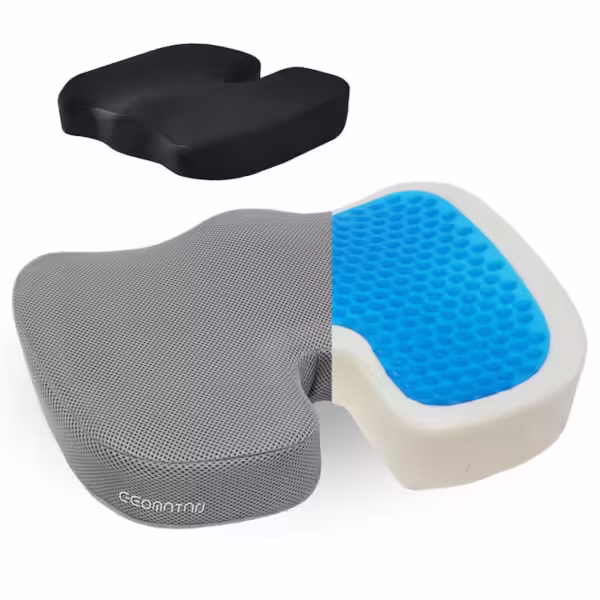 Perna ortopedica sezut GEOMATAN®, Cadou husa de rezerva, GEL si spuma cu memorie Premium, pana la 120 kg, pentru scaun birou sau masina, confort Coccis, Husa respirabila si anti-alunecare, Sciatica, Dureri, Hemoroizi, 45x35x7 cm